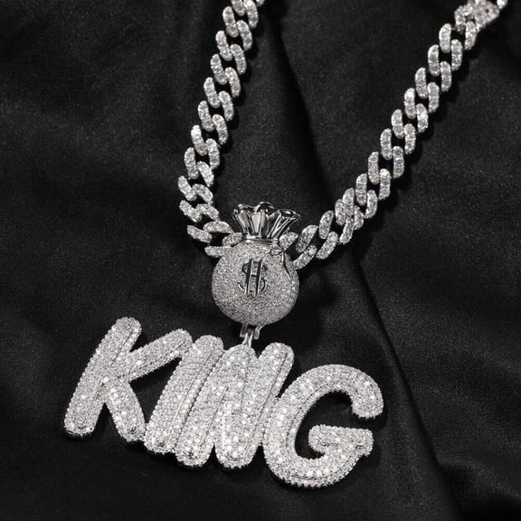 Iced Out Hip Hop Customizable King Letter Pendant Round Cut Diamond Men's Fashion Jewelry Moneybag King Pendant 14K White Gold Plated Pendant 925 Sterling Silver Name Logo Sign Men Pendant