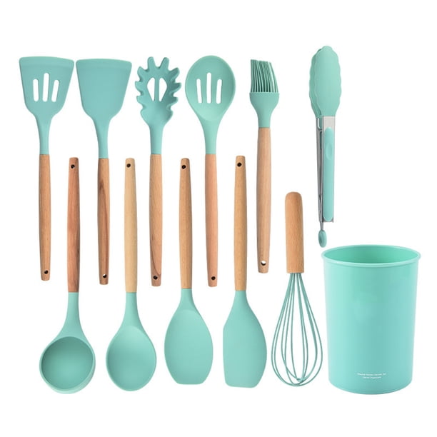 Cocina Herramientas de cocina Conjunto Manejo de silicona Manejo de madera Pincel de aceite Spaghetti Garra Hornear Cocina Accesorios de utensilios de cocina Luz verde 12 piezas sidaley HA028300-02