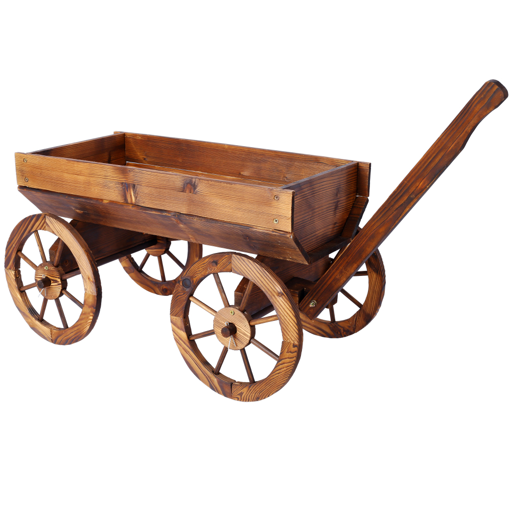 Rustic Wood Wagon Planter with Wheels - Mobile Flower Pot Stand for Garden, Patio & Outdoor Decor, Easy-Rolling Plant Cart