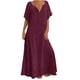 thumbnail image 2 of Puntoco Vestido De Manga Corta Con Cuello En V, Falda Larga Suelta De Color Sólido Informal Para Mujer De Encaje Burdeos Xl, 2 of 6