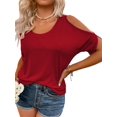 thumbnail image 2 of Crew Neck Women Solid Color Casual Cold Shoulder Tops  Off Shoulder Summer T-shirt, 2 of 3