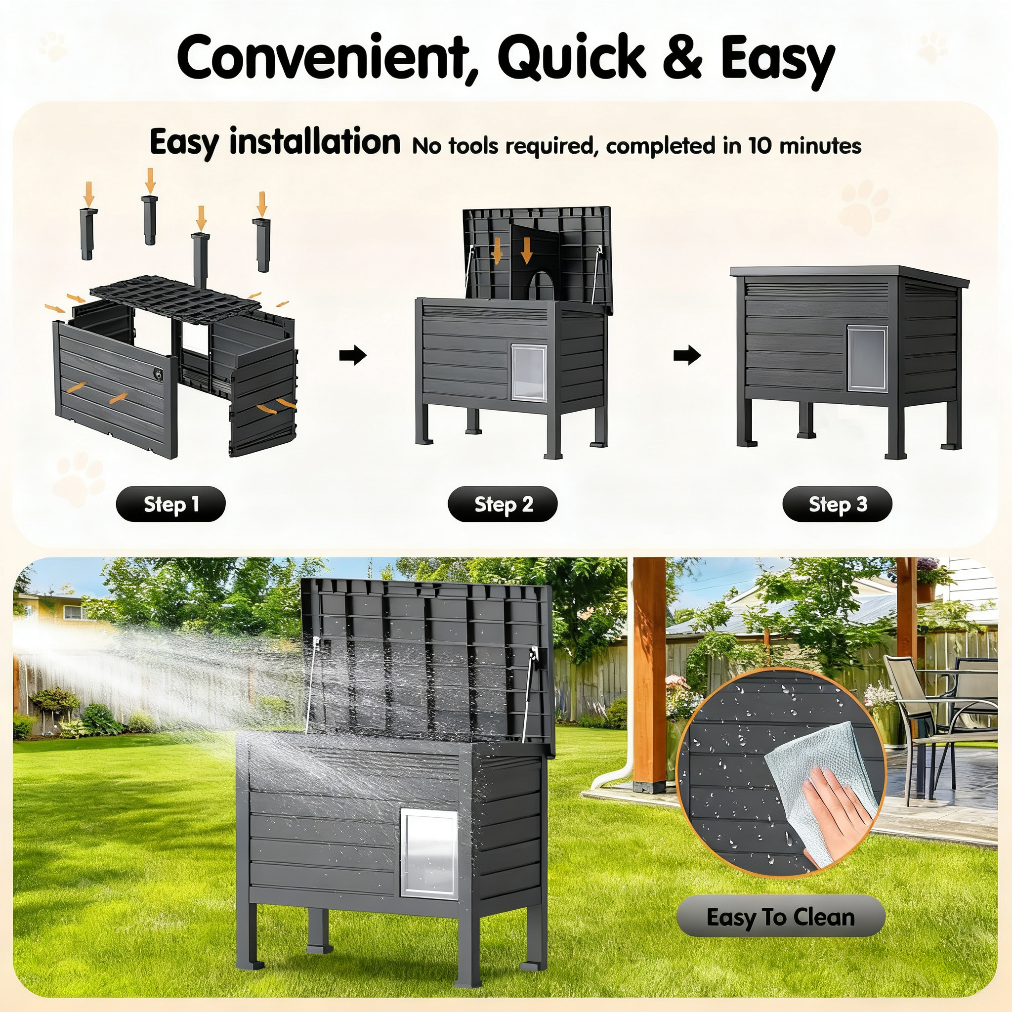 Decksplore Outdoor Cat House (31"x26.7"19"), 100% Insulated, Weatherproof HDPE Feral Cat Shelter with Raised Floor (Black)