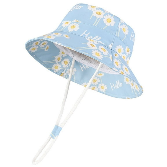 Tfken Baby Girl Boys Sun Hat Cartoon Print Outdoor Adjustable Strap Toddler Beach Hat With Wide Brim Bucket Hats For Kids Blue Size 6-12 Months