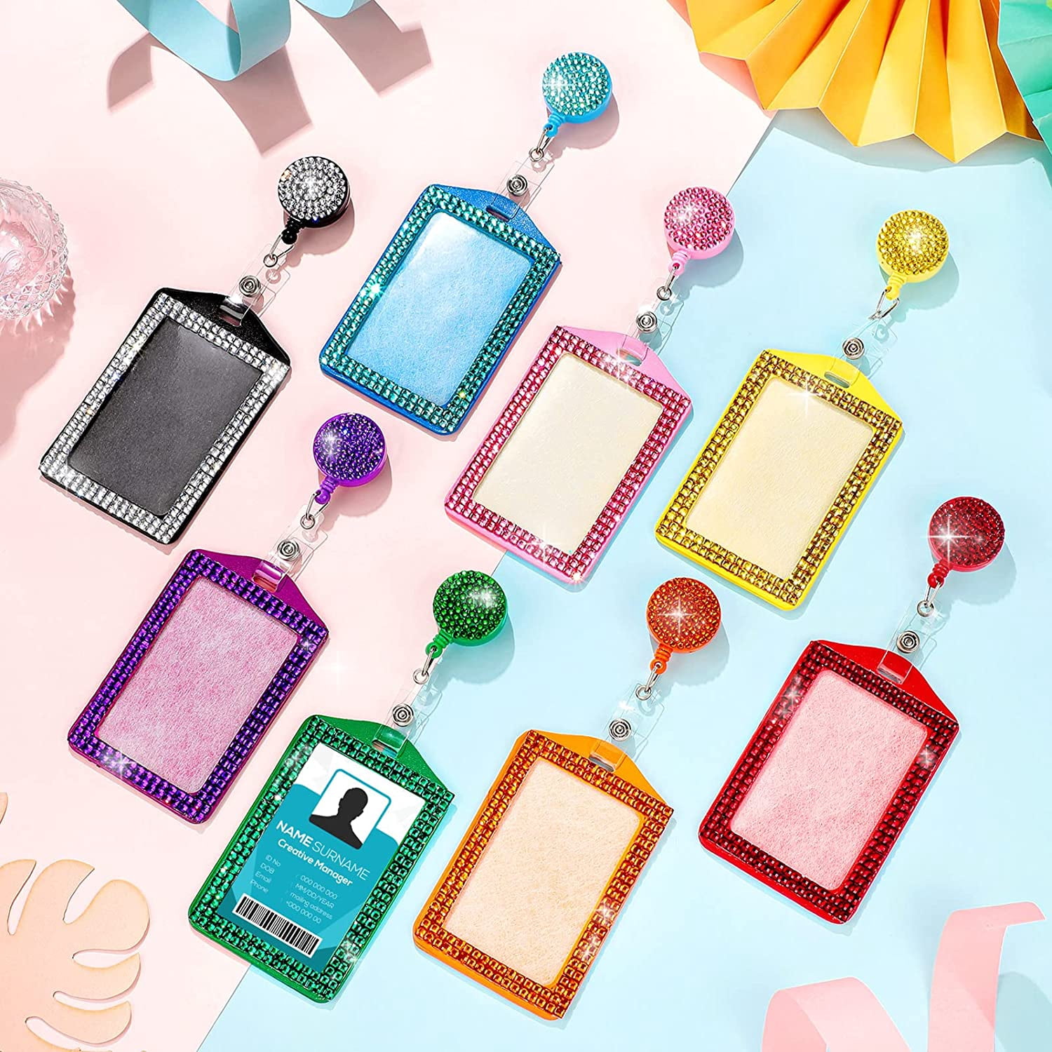 8 Pieces Rhinestone Badge Holder Bling ID Card Holder Crystal Cute Badge Holder Retractable Reel Clip Vertical ID Holder for Office Business Home Nurses, 8 Colors(Vertical)