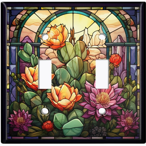 Metal Light Switch Wall Plate Outlet Cover (Printed Image of Stained Glass Desert Flowers - Double Toggle)