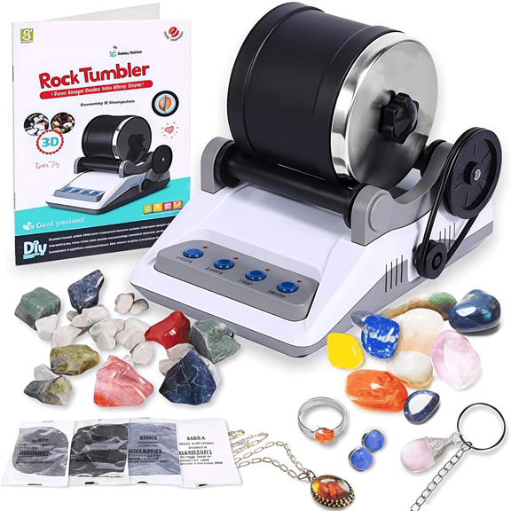 Rock Tumbler Science Kit for Kids & Adults, Professional Stone Polisher with 7-Day Timer, Rough Rocks & 2 Belts
