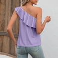thumbnail image 6 of Women One Shoulder Top Summer Eyelet Ruffle Trim Sleeveless Pure Color Top for Female Purple M, 6 of 8