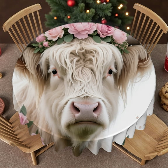 Highland Cow Flower tablecloth round, Machine-Made - Festive Table Setting Tablecloth for dining table round, Cafe, dinner, brunch, buffet, picnic