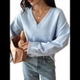 thumbnail image 2 of Suéter Informal Cómodo de Color Liso con Cuello en V, Larga y Punto Acanalado Suave para Mujer. Azul L, 2 of 7