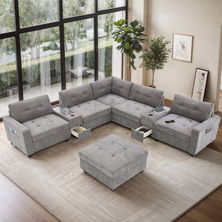 LifeSky 6-in-1 Living Hub Sectional Sofa: 6-Seat Configurable Lounge with Charging & Storage - 104\" L-Shaped U-Shaped Chenille Couch Set for Family Living Room & Home Theater