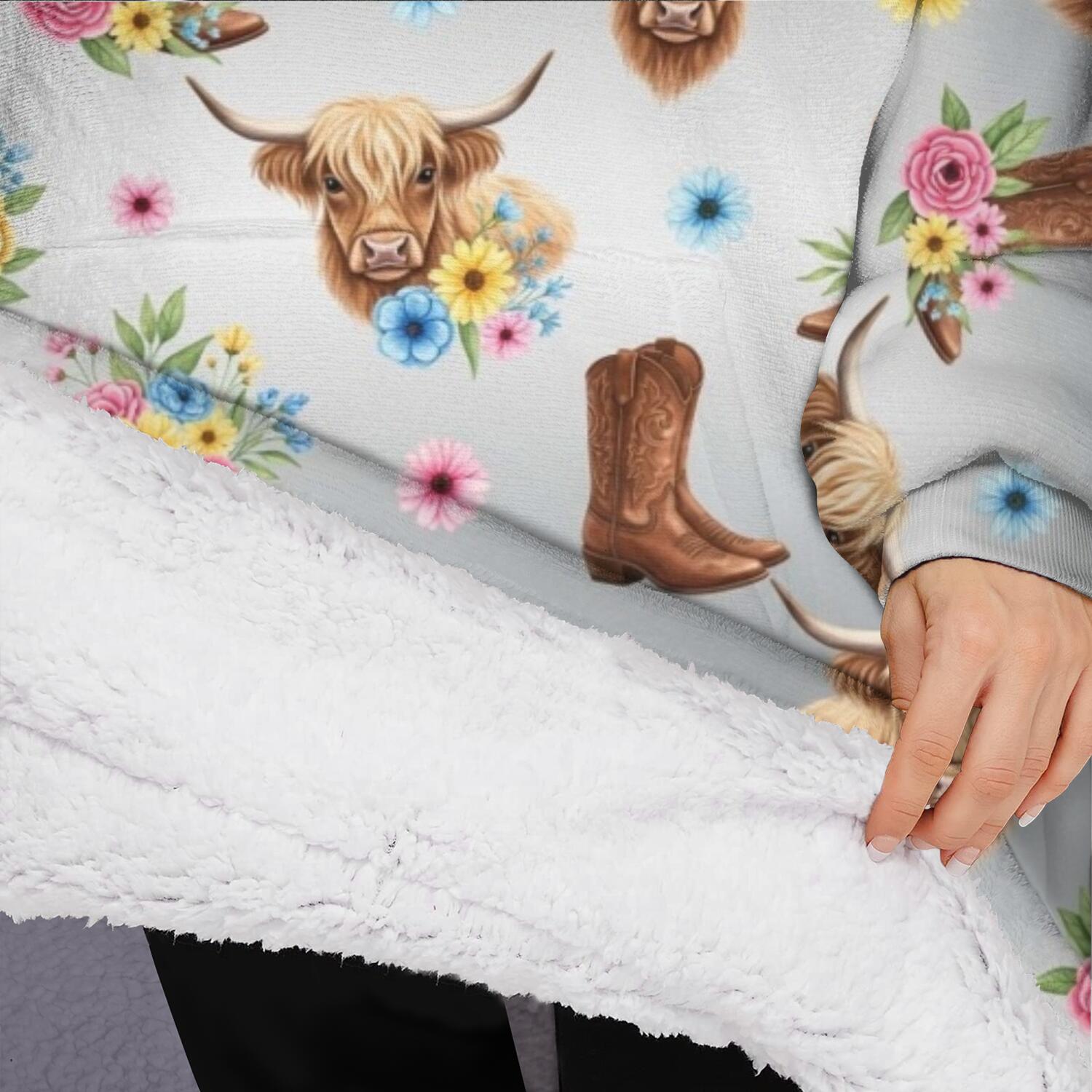 Oversized Wearable Blanket Hoodie,Gray Highland Cow Flower Boot Pattern Sherpa Blanket Hoodie with Super Pockets,Super Warm Fuzzy Pullover for Women & Men