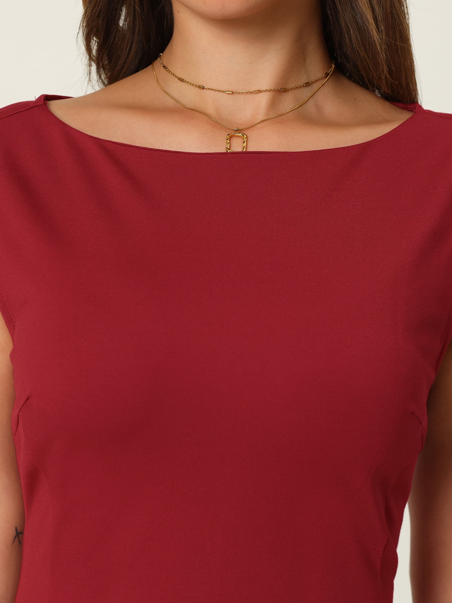 DARING DIVA Sleeveless Sheath Boat Neck Pencil Dress L Red