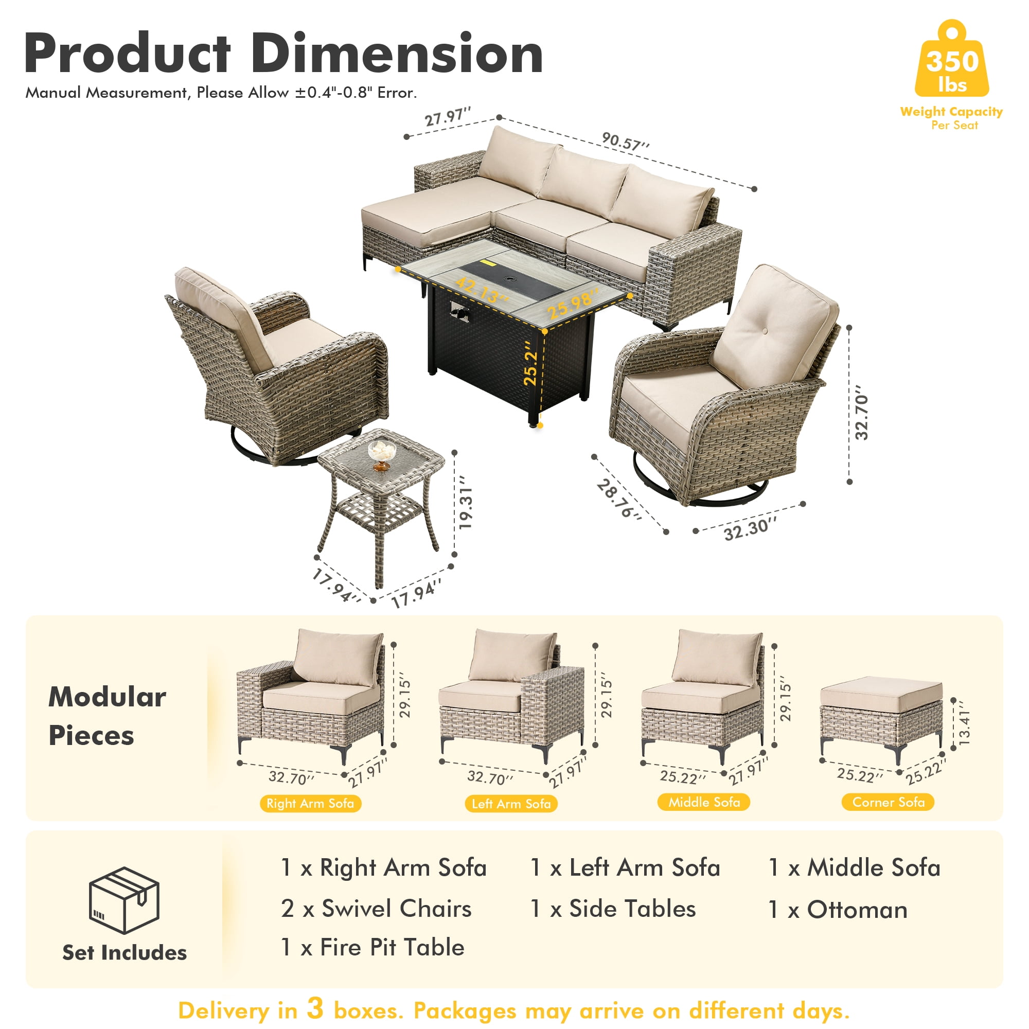 XIZZI Patio Furniture Outdoor Conversation Set with Wide Armrests, Wicker Rattan Patio Outdoor sectional with Firepit Table and Swivel Rocking Chair, Beige