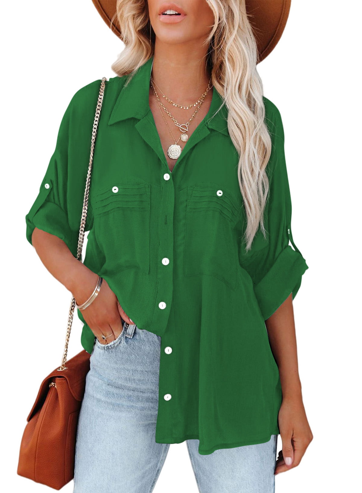 Eytino Womens Casual Roll up Sleeve Blouse Top Button Down Tunic Shirts ...