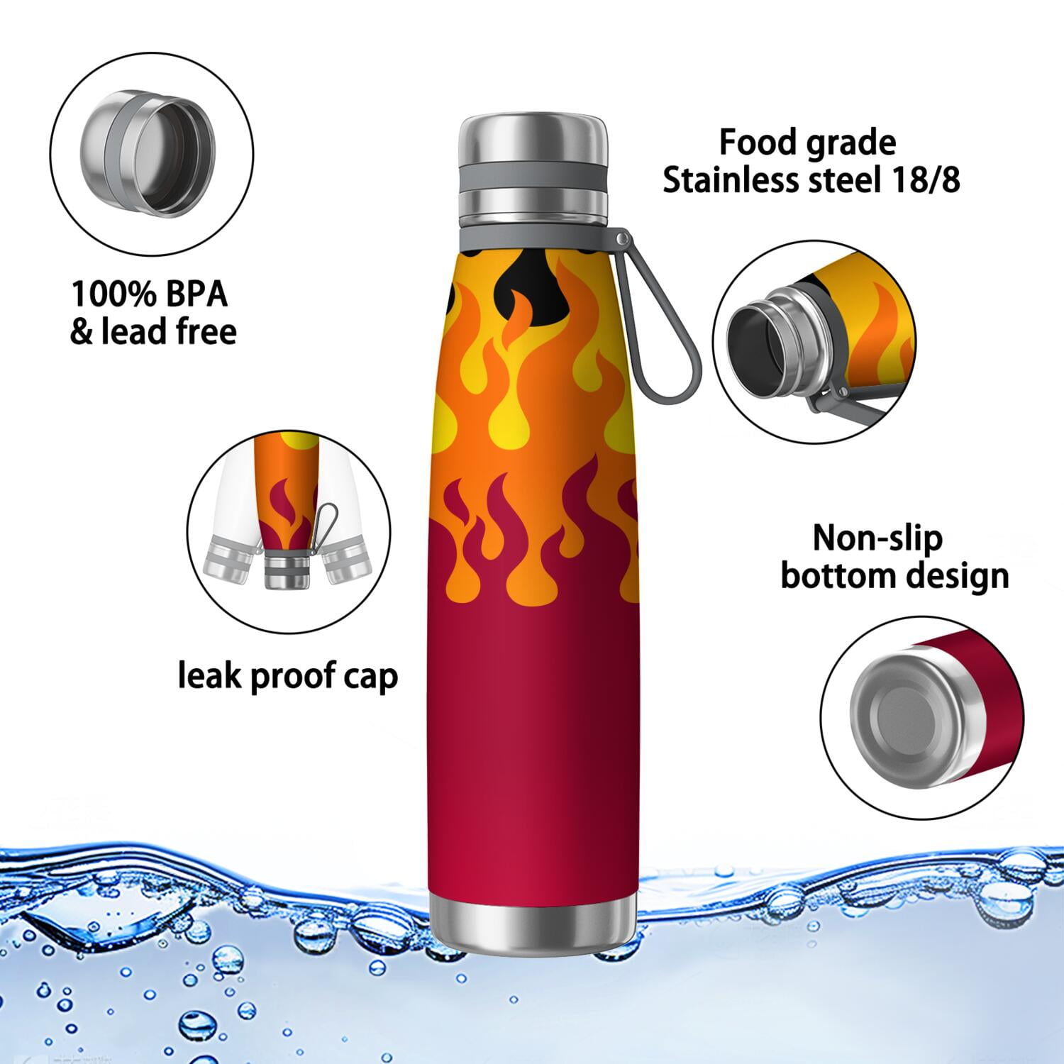 29oz Insulated Water Bottle with Tea Infuser, Stainless Steel Travel Mug, Flame Print