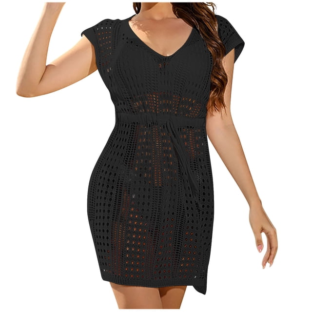 FAIWAD Robe de Plage au Crochet pour Femme à Manches Courtes, Robe de Plage, Maillot de Bain, Découpes, à Lacets, Robe Bohème