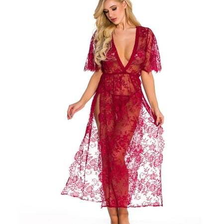 

KOOYI Women Lace Sexy Lingerie Long Sleepdress Erotic underwear Valentine s Nightgown Pajamas Wine Red / XXL