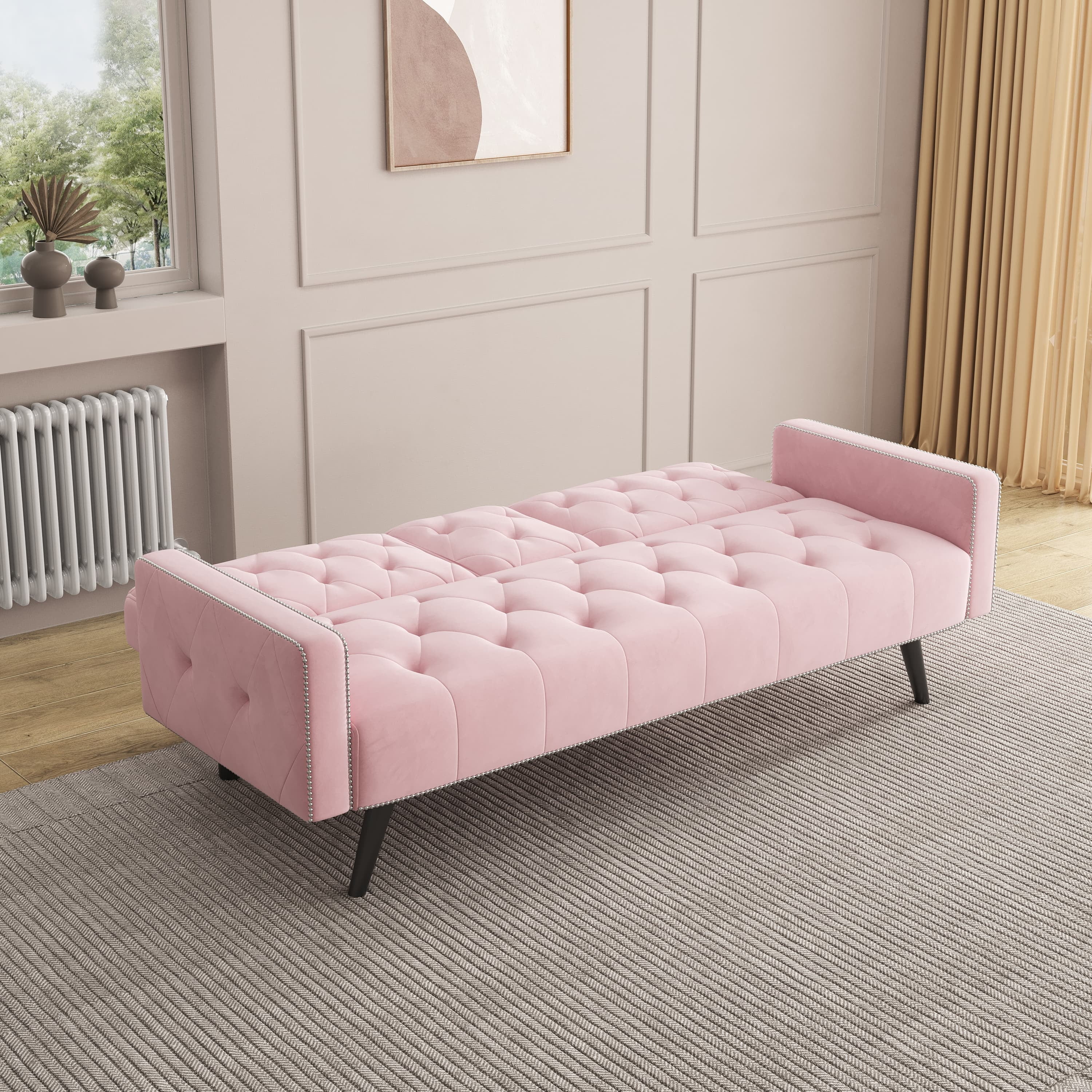 MAYEERTY 72" Sofa Bed Velvet Sofa Couch with 2 Cup Holders for Small Spaces, Pink