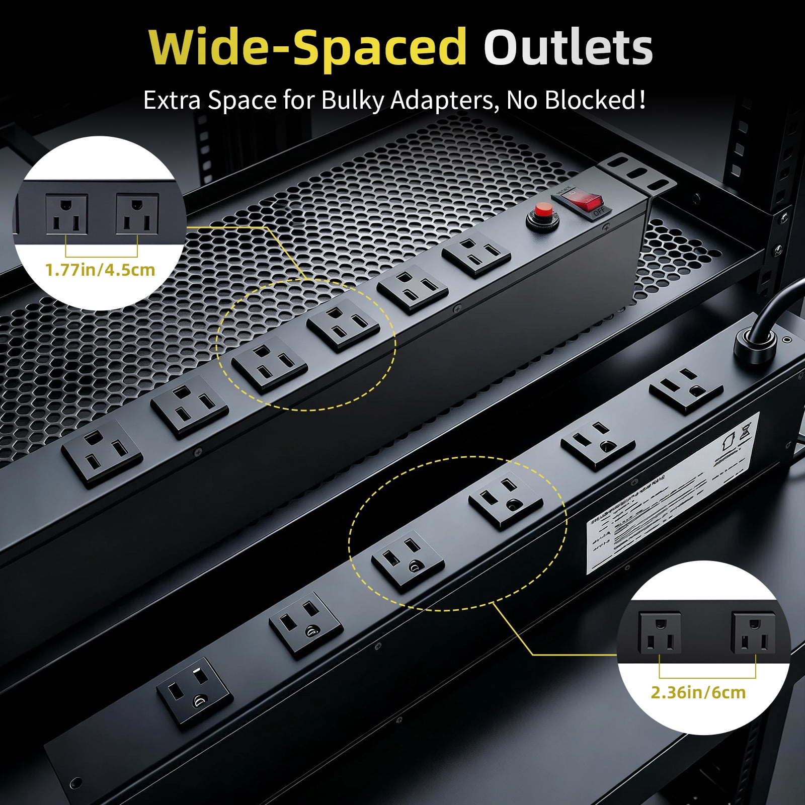 ZHANGONG 1U Rack Mount PDU, 12-Outlet Power Strip with 45° Angled Flat Plug, 6 Front & 6 Rear Outlets, 15A Overload Protection, 10FT Cord for Server Rack