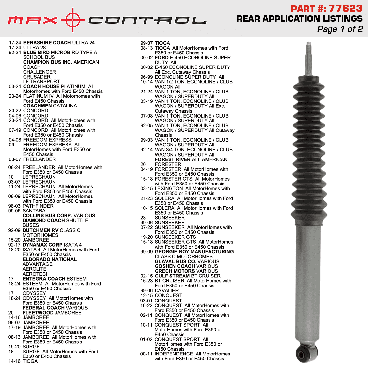 Gabriel 77623 Max Control Rear Monotube Shock Absorber fits Fits Ford E350, E450, Berkshire, Blue Bird, Champion, Coachmen, Dutchmen, Dynamax, Entegra, Fleetwood, Forest River, Gulf Stream (1 pack)