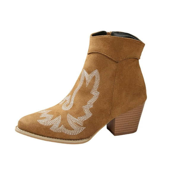 Xfvqtps Womens Ethnic Style Ankle Boots Western Cowboy Boots Embroidery Design Chunky Heel Pull on Boots for Winter Casual Outfit Brown