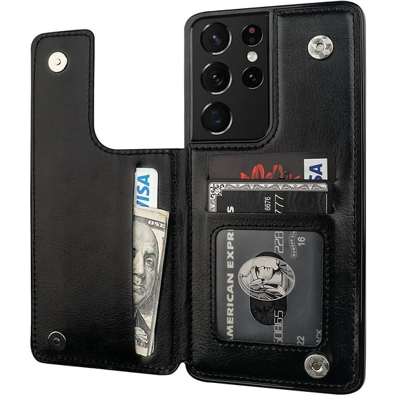 REQO Compatible with Samsung Galaxy S21 Ultra Wallet Case with Card Holder, PU Leather Kickstand Card Slots Case, Double Magnetic Clasp and Durable Shockproof Cover 5G 6.8 Inch(Black)