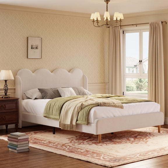 Queen Size Upholstered Platform Bed Frame, Scalloped Wave Tall Headboard, Chenille Wingback Design, Wood Slat Support, No Box Spring Needed, Easy Assembly, Beige