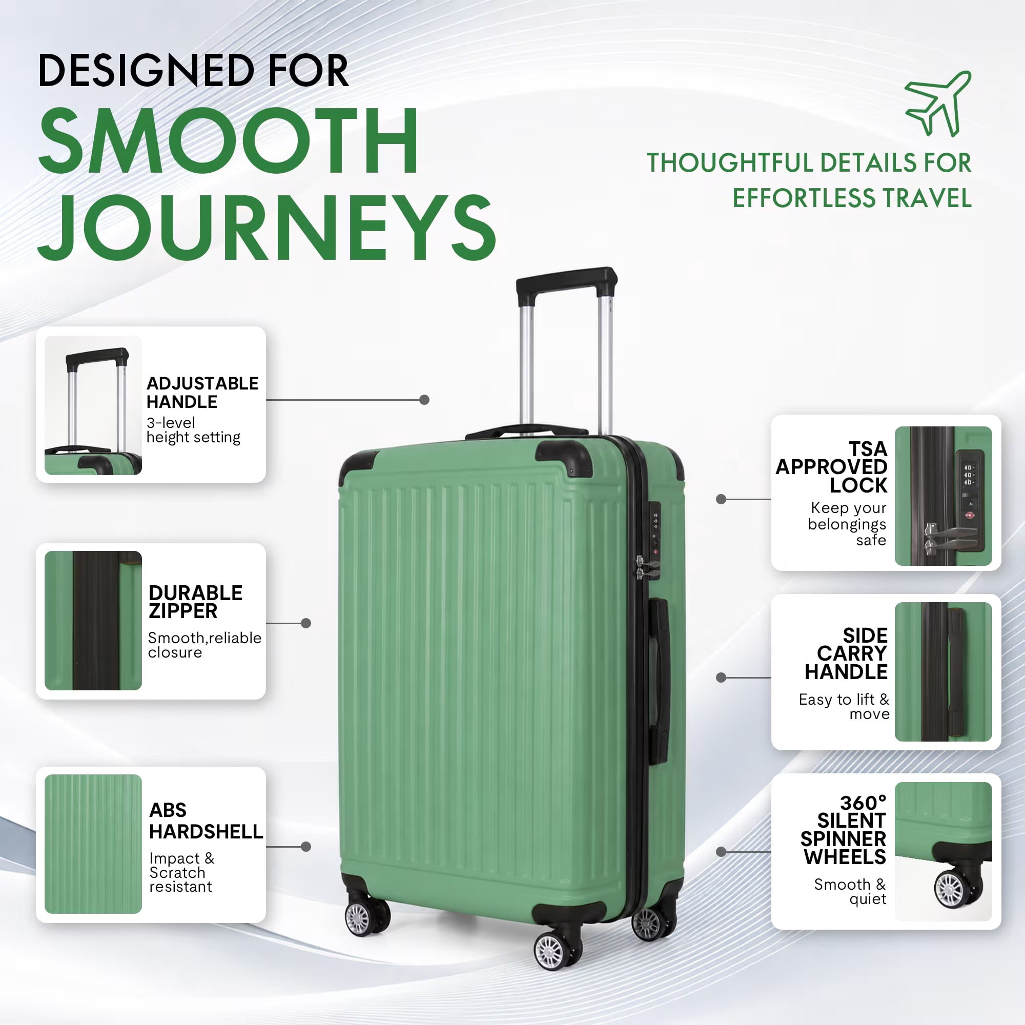 avobird 3-Piece ABS Hardshell Luggage Set – Lightweight and scratch-resistant, featuring silent 360° spinner wheels and TSA-approved locks, 20"/24"/28", Fruit Green