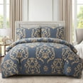 thumbnail image 4 of Marina Decoration Ultra Soft Silky Zipper Rich Printed Rayon from Bamboo All Season Duvet Cover Set with Pillowcases, Gold Damask Navy Blue Pattern, 4 of 7