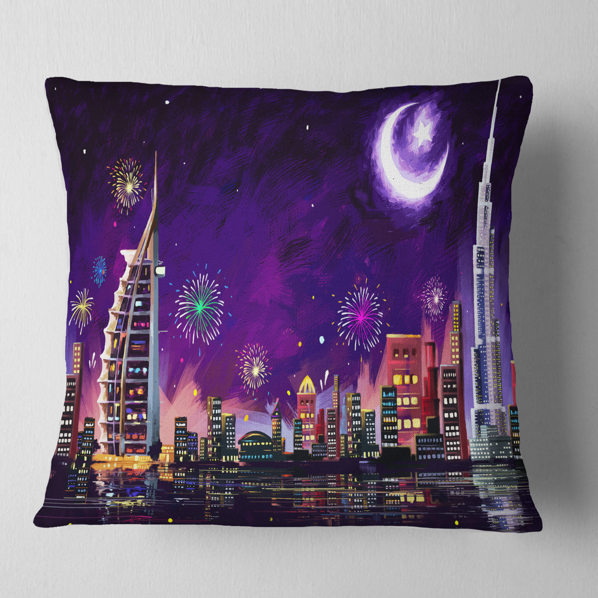 Designart Eid Celebration in Dubai - Cityscape Digital Throw Pillow - 18x18