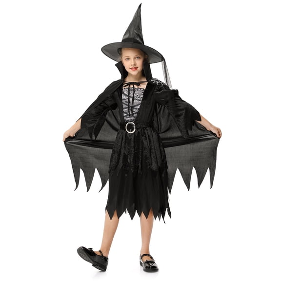 Girl's Witch Costume Halloween Black Witch Dress for Kids Toddler Classic Costume for Party Dress-Up