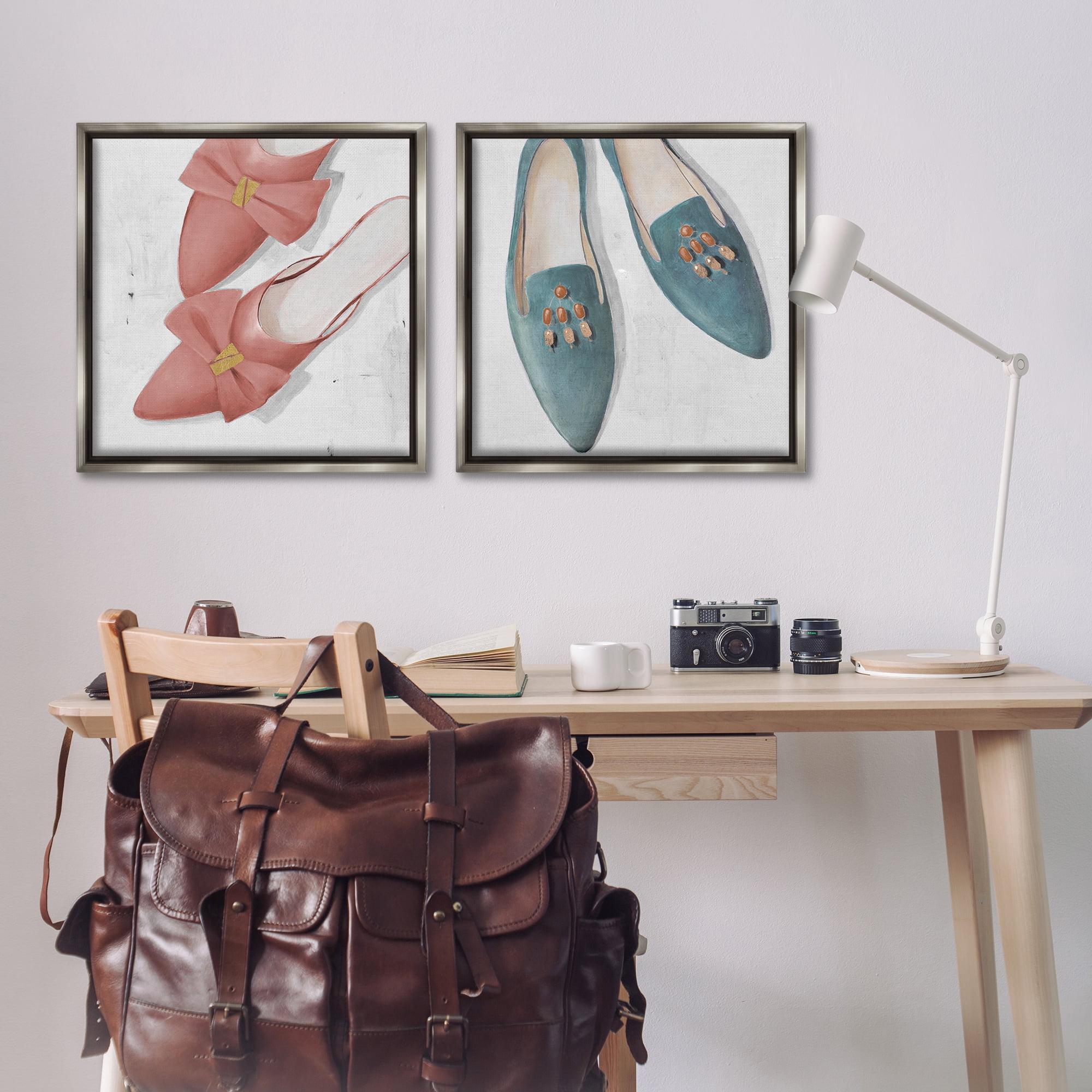 Stupell Industries Pink & Blue Fashion Flats Fashion Painting Gray Floater Framed Canvas Art Print Wall Art, 25 x 25, Set of 2