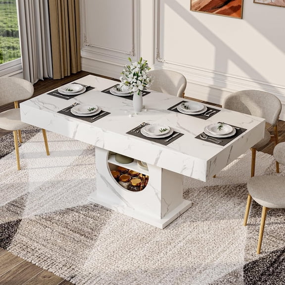 Frmobepts 55" Dining Table for 4 to 6 People, Farmhouse Wood Dinner Table with Drawers & Open Storage for Kitchen, Dining Room & Living Room,Marble-White
