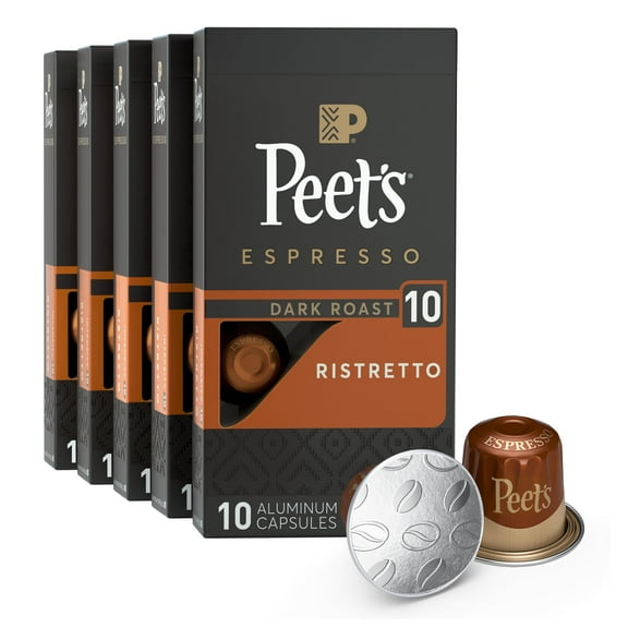 Peet's Coffee, Dark Roast Espresso Capsules, Compatible with Nespresso Original Machine - Ristretto Intensity 10, 50 Count (5 Boxes of 10 Espresso Capsules)