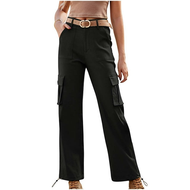 Virmaxy Womens High Waisted Cargo Pants Travel Straight Leg Pants with Pockets Fashion Solid Color Elastic Waisted Pocket Drawstringfull Length Pants Fishing Golf Travel Pants with Pockets Black L