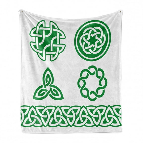 Irish Soft Flannel Fleece Throw Blanket, Medieval Knots Braided Design Old Folkloric Gaelic, Cozy Plush for Indoor and Outdoor Use, 50" x 60", Fern Green and White, by Ambesonne