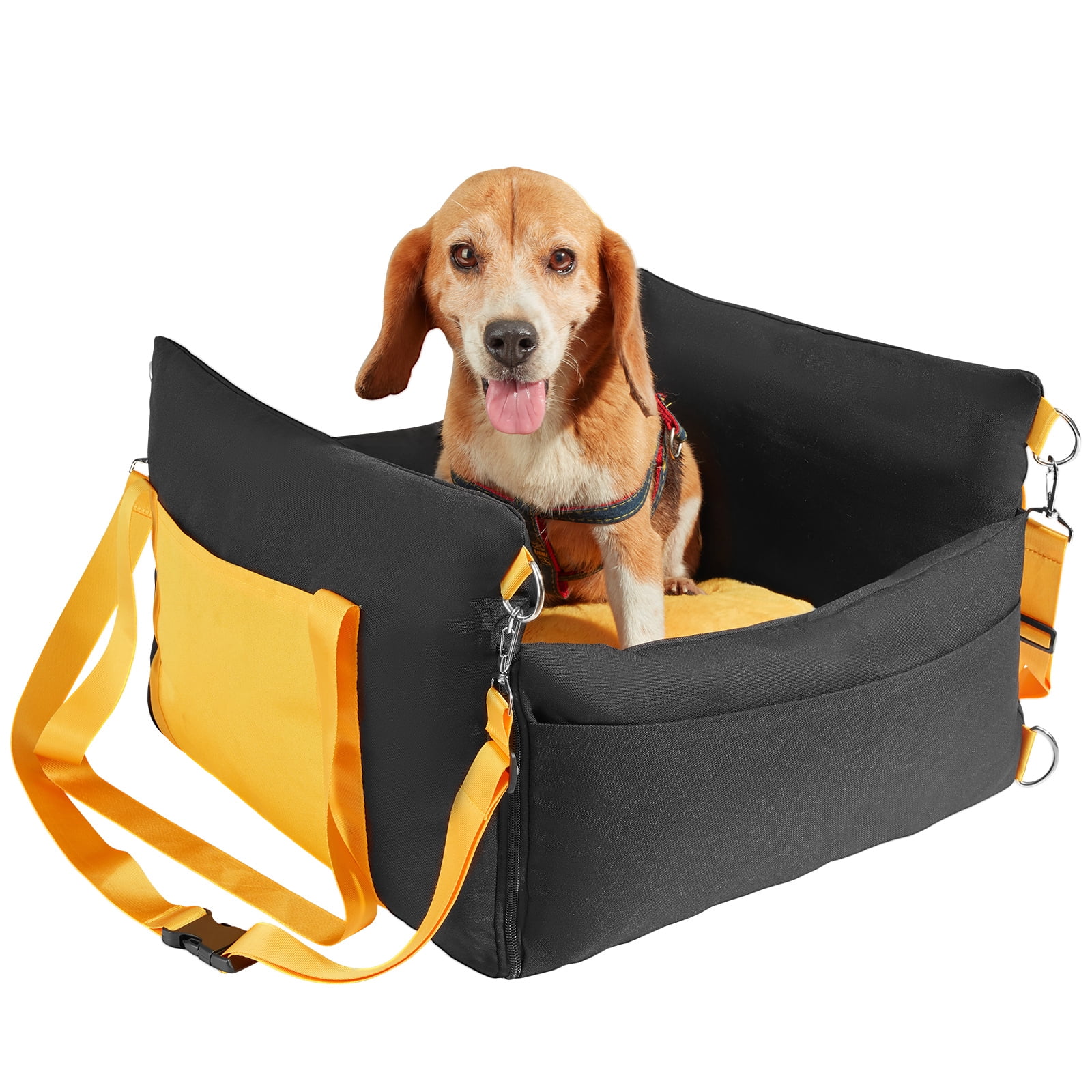 KFFKFF Pet Car Seat, Water-Resistant Booster Seat for Dogs with Handles, Storage Compartment, Safety Tether, and Soft PP Cotton Padding, Ideal for Small Dogs up to 25lbs, Black