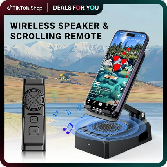 PUTARE Wireless Speaker Cellphone Stand with Remote Control for Tiktok Scrolling, Rechargeable Portable Mobile Tablet Stand, Gifts for Family Friends Smartphone Mount,dealsforyoudays