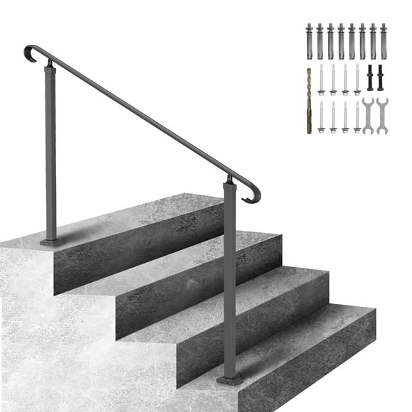 KFFKFF Outdoor Stair Handrails, Suitable for 3-5 Steps, Wrought Iron Railing, Adaptable Front Porch Rail, Black Transitional Railings for Concrete or Wooden Steps