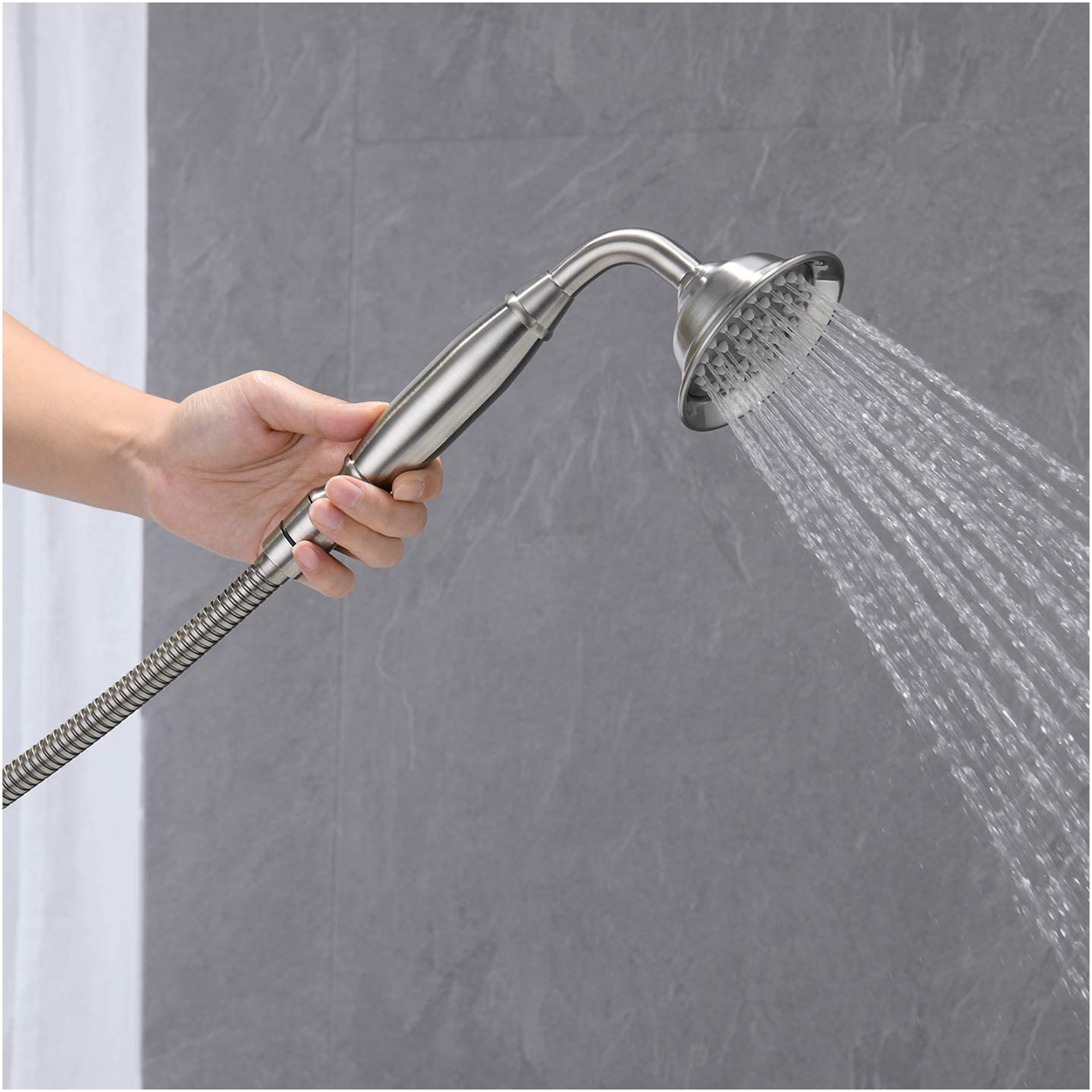 JERFIT Freestanding Bathtub Faucet with Handheld Shower, Floor Mount Tub Filler in Brushed Nickel Finish, High Arc Brass Spout