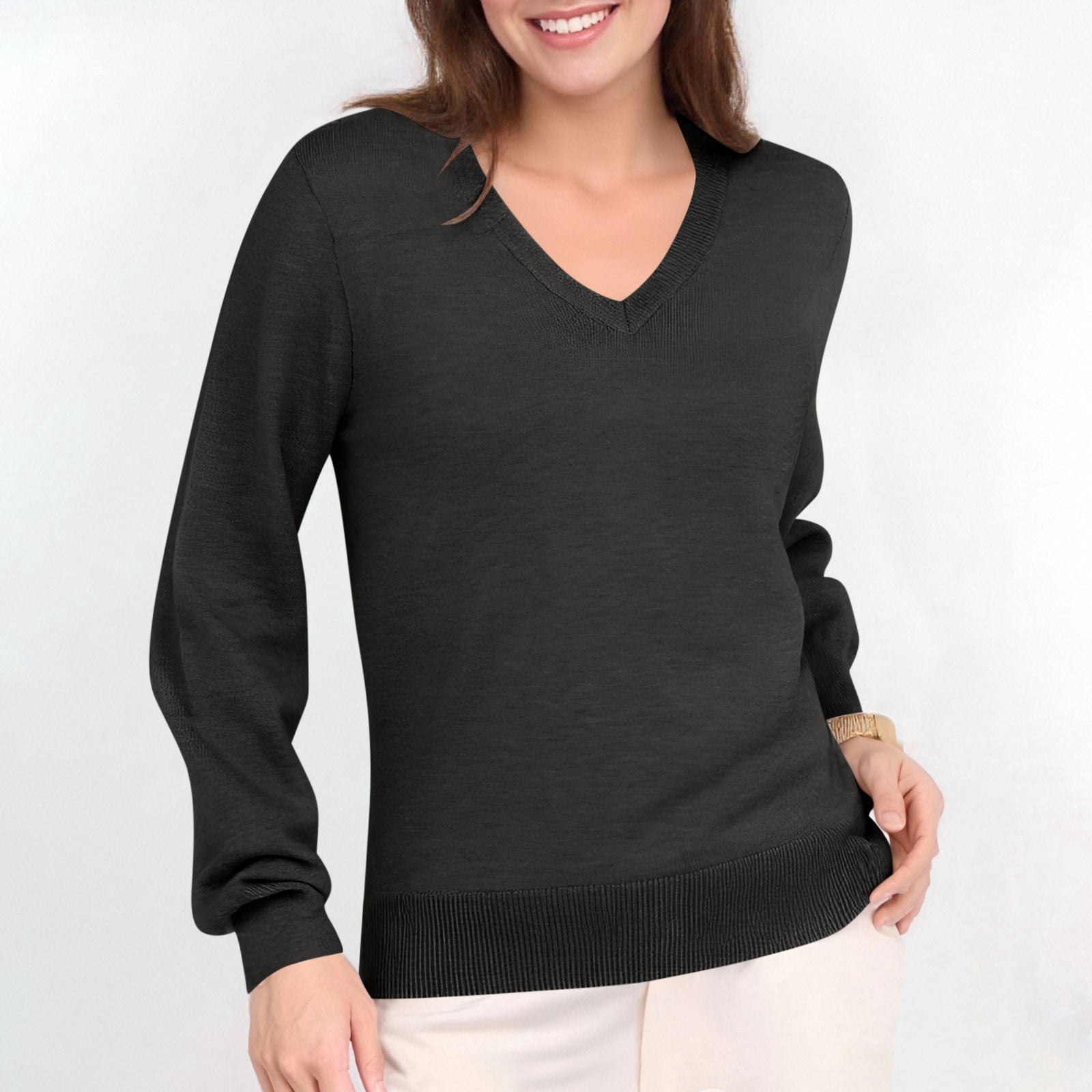 Hvot&aat Womens Solid Color Knitting Sweater Long Sleeve V Neck Classic Pullover Soft Lightweight Tops