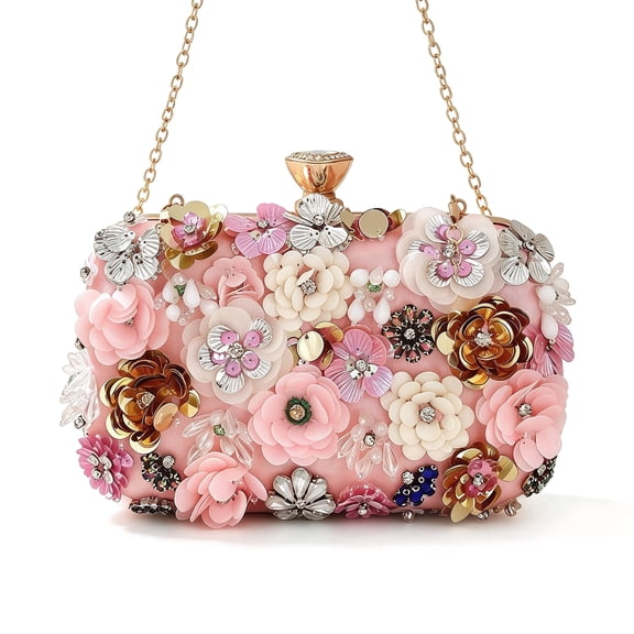 1 Pcs Floral Evening Bag, 3D Flower Beaded Floral Clutch with Chain Strap and Wristlet for Wedding Party, Pink