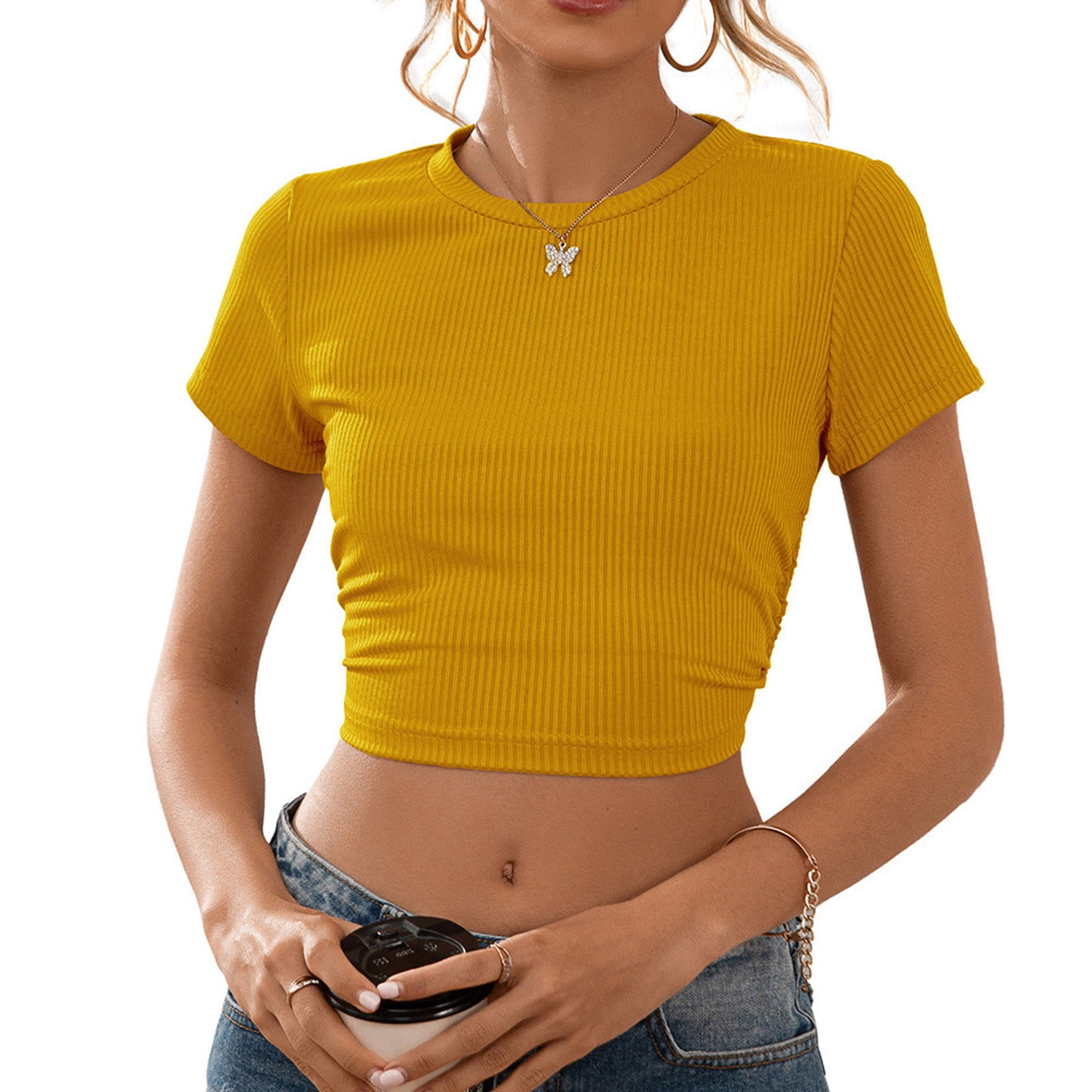 RQYYD Discount Women's Short Sleeve Knit Ribbed Crop Top Casual Crewneck  Teen Basic Tee Shirts Summer Solid Workout Slim Fit Blouse T-Shirt(Yellow,M)