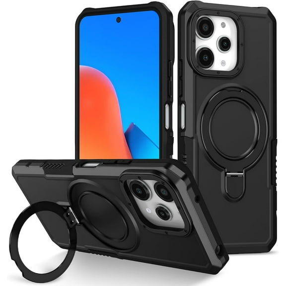 for Xiaomi Redmi 12 Case, Armour Silicone TPU Bumper Cover Redmi 12 with Rotable Ring Stand, Military Shockproof Protective Cell Phone Case for Redmi 12 Black