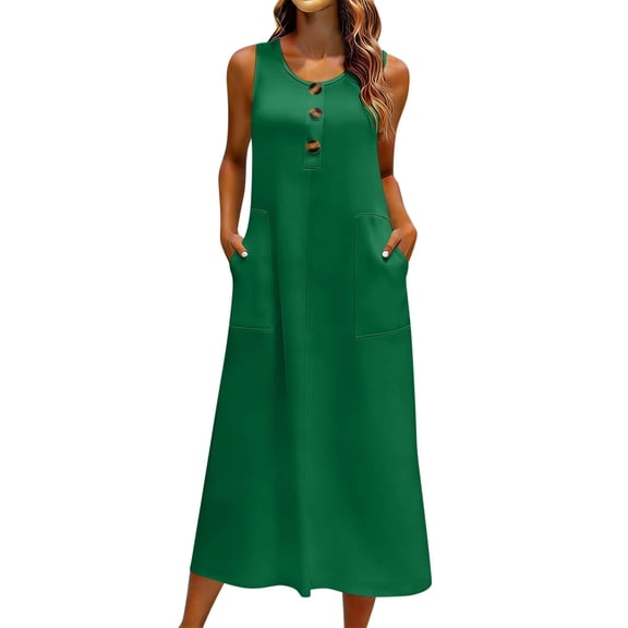Beach Tank Dresses for Women Summer Casual Sleeveless Button Long Aline Sundresses with Pockets Green, 2XL