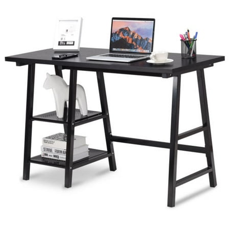 Modern Trestle Computer Desk Writing Laptop Table Open Tiers
