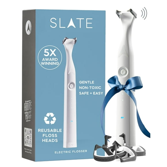 SLATE Electric Flosser | 3-in-1 Electric Flosser for Teeth w/ 3 Speeds - Dentist Invented | Eco Reusable Non-Toxic Floss, Tongue Scraper & Gum Stimulator | Ultrasonic Po