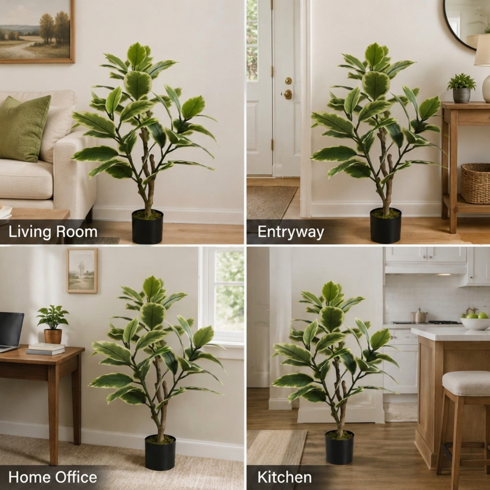 BEAUTYPEAK 3FT Artificial Plant Fake Indoor Rubber Tree Decorative Outdoor Greenery in Black Pot