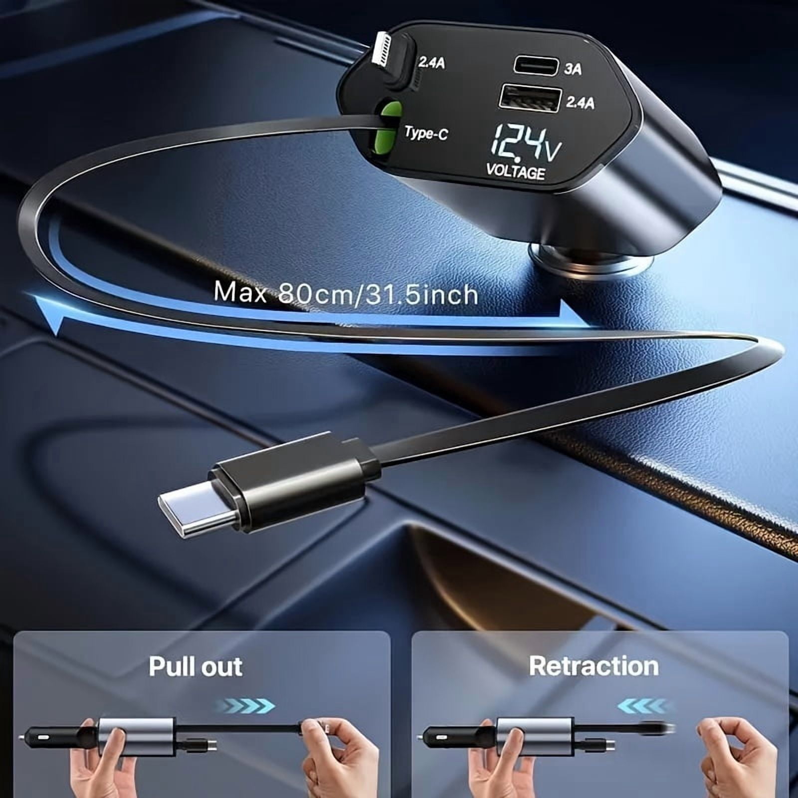 Retractable Car Charger 4in 1 Fast Car Phone Charger, Type C/IOS Car Charger Adapter with 2X Retractable Phone Charger Cables And 2X USB Ports for iPhone 15/14/13/12 Max, Samsung S24/S23, Smartphon