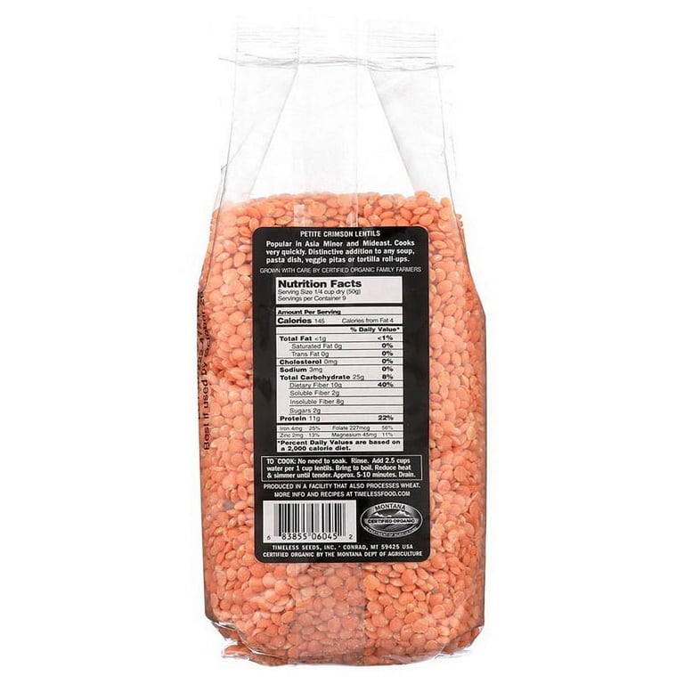 Timeless Organic Petite Crimson Lentils, 16 Oz Bag | Skinless Red Lentils, Quick Cook (10 Min)